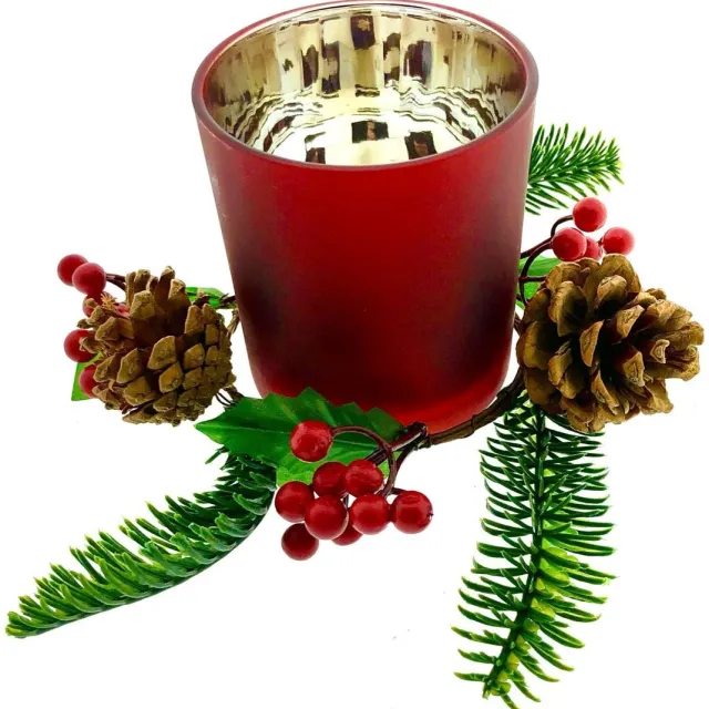 Benza Glazen Theelichthouder Met Kerststukje Dennen - 18 cm Rood