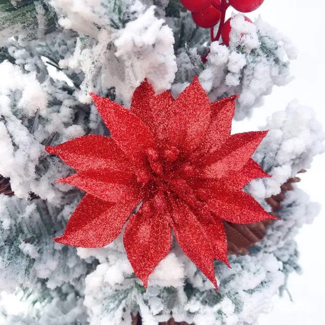 Gotrays 10 kunstmatige dubbele laag goud stof kerstbloemen, kerst roze bloemen kunstmatige glitter, roze kerstboom decoraties kerst Home voordeur decoratieve bloemen accessoires Rood