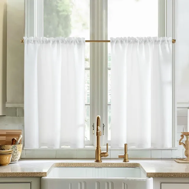 JGS ® Stijlvolle Halftransparante Linnenlook Gordijnen voor Keuken en Woonruimte, Set van 2 wit