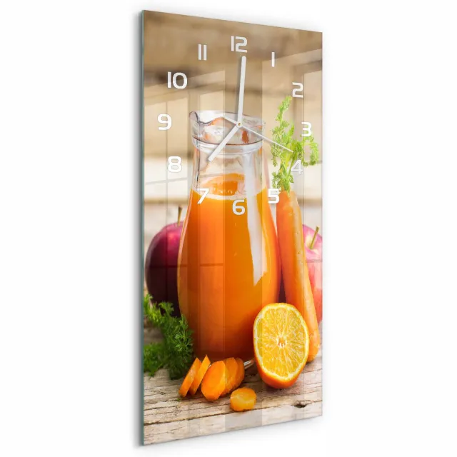 TULUP Wandklok - Vruchtensap Wandklok Glas Met Motief - 30x60 cm - Oranje Decoratieve Glazen Klok - Witte handen - Rechthoekige Klok - Gekleurde Glazen Klok - Glazen Klok Met Print