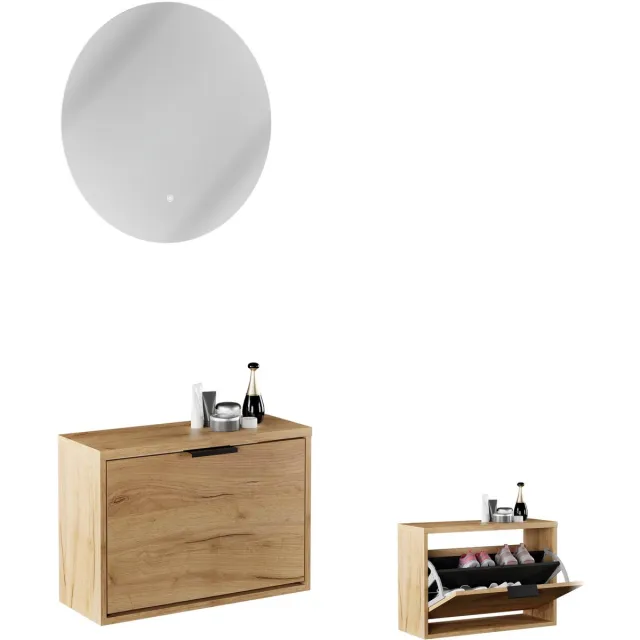 Planetmöbel STIVIO Schoenenkast 60 cm Goud Eiken met LED Spiegel NOVA