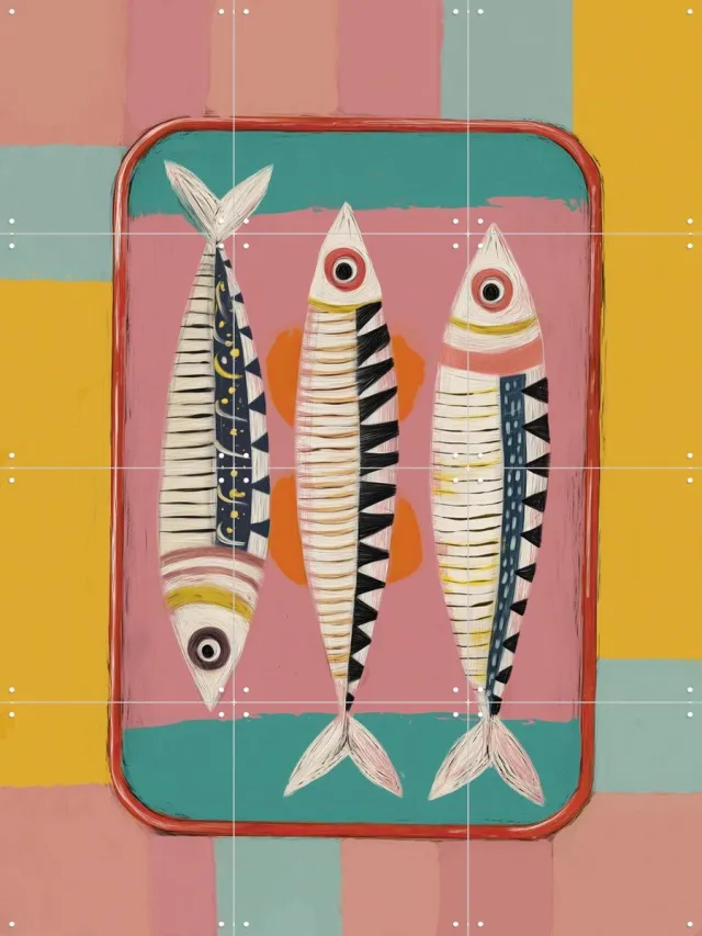 IXXI Sardines In Sunlight, Branka Kodžoman - 60 x 80 cm - Grote wanddecoratie en posters - Speels, Kleurrijk, Illustraties, Strandhuis, Eetkamer Geel / Roze