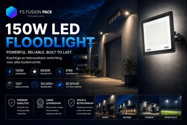 FS Fusion Pack XL Outdoor 150W LED Floodlight Waterdichte LED Schijnwerper voor Tuin en Terras- 50Watt LED Flood Light IP66- Led-FS Fusion Pack Technology – LED IP66 – 50W / 150W – 6000K – Waterdichte Buitenlamp – Aluminium LED Floodlight – Reflector Spotligh zwart 150W