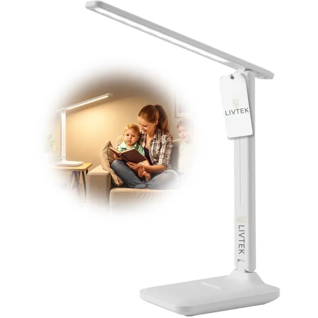 LIVTEK Bureaulamp LED Dimbaar - LED Bureaulamp met 3 Helderheidsstanden en Wit Licht - Compacte LED Tafellamp met Touchbediening en USB-voeding - Compact 28 cm Hoog, Lampkop 25 cm - Voor Lezen, Studeren, Werken en Thuisbureau - Wit