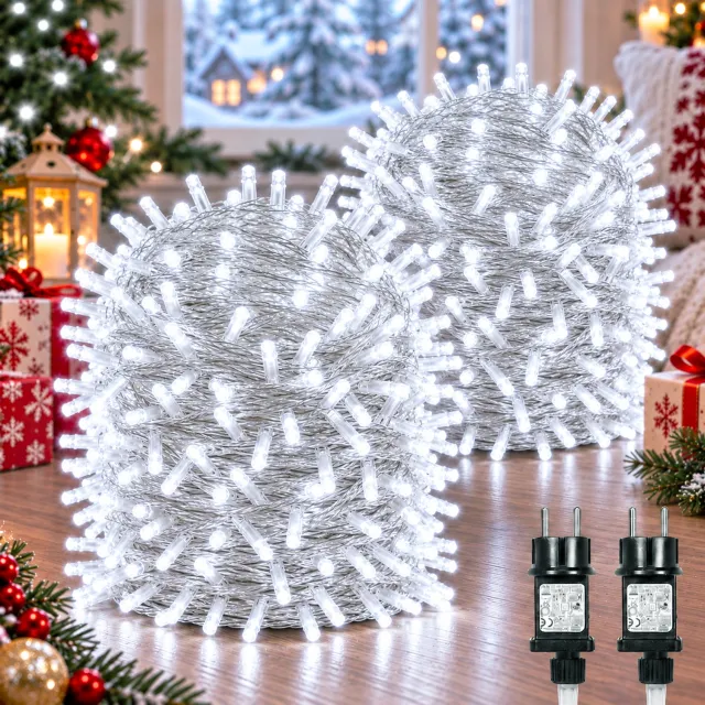 LAPAMAX LED Lichtsnoer Buiten 2 Stuks-Fairy Lights IP44-Kerstverlichting Buiten-Lichtslinger met Veilige 31V Laagspanning&Energiezuinig-Timer 6U/18U-8 Lichtstanden&Geheugen voor Tuin,Gevel&Feest-800 LED-100m-Wit