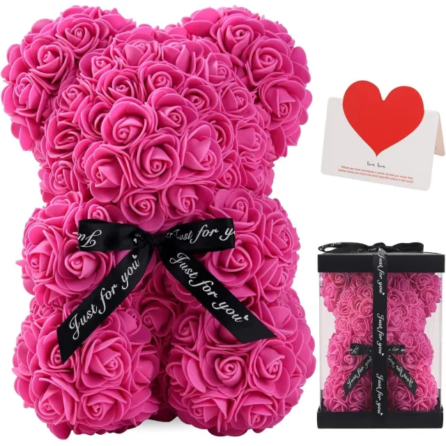 KZQ Rozenbeer - Een levensechte rozenbeer van 25 cm, het perfecte cadeau voor een bruiloft, Moederdag of jubileum, geleverd in een transparante geschenkdoos (roze). Roze rood