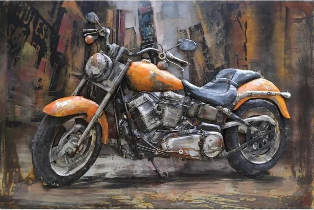 Bronzartes 3D art Metaalschilderij - Motor fiets Chopper - 120 x 80 cm Oranje