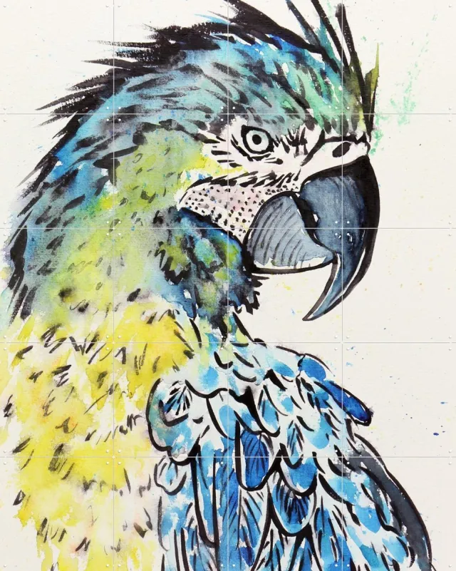 IXXI The Blue Macaw Parrot, Natalie Bruns - 80 x 100 cm - Grote wanddecoratie en posters - Illustraties, Kleurrijk, Aquarel, Woonkamer, Vogels Blauw