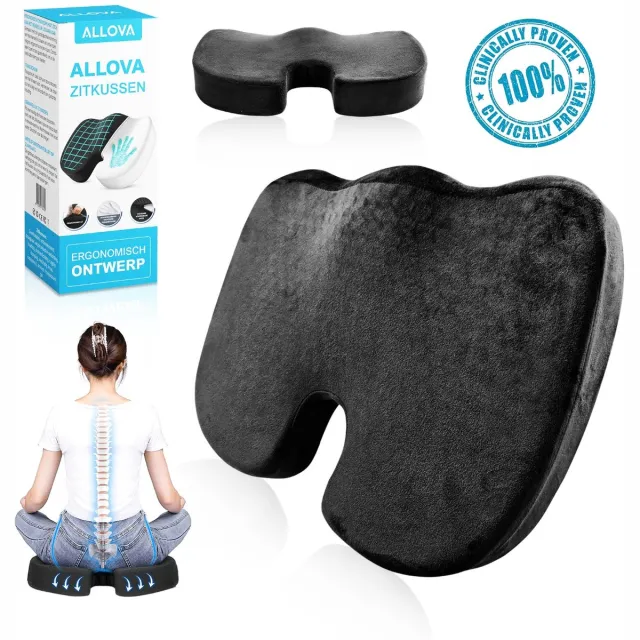 Allova Stuitkussen Premium - Orthopedisch & Ergonomisch Suitkussen - Wigkussen - Auto - Zit Kussen - Zitkussens - Donut Ringkussen - Anti-slip bodem - Bureaustoel - Zwart