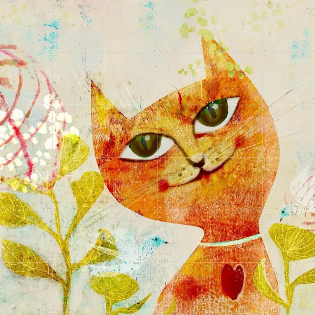 IXXI Sweet Red Cat, RAR Kramer - 120 x 120 cm - Grote wanddecoratie en posters - Gemengde Technieken, Slaapkamer, Gang, Woonkamer, Fantasie, Kat Oranje / Groen
