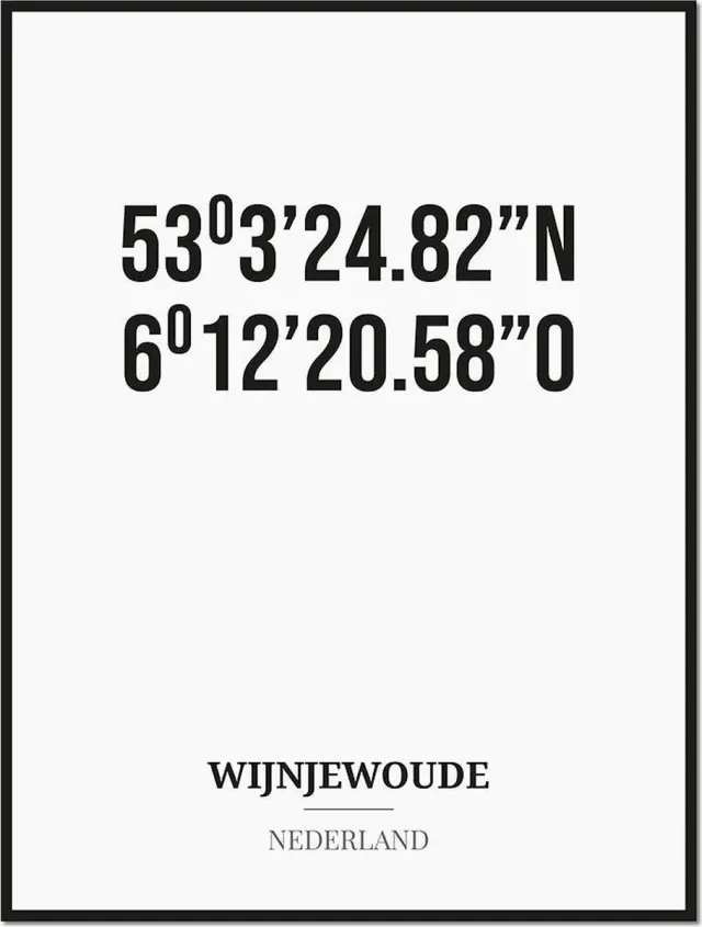 Studio216 Poster/kaart WIJNJEWOUDE met coördinaten zwart, wit