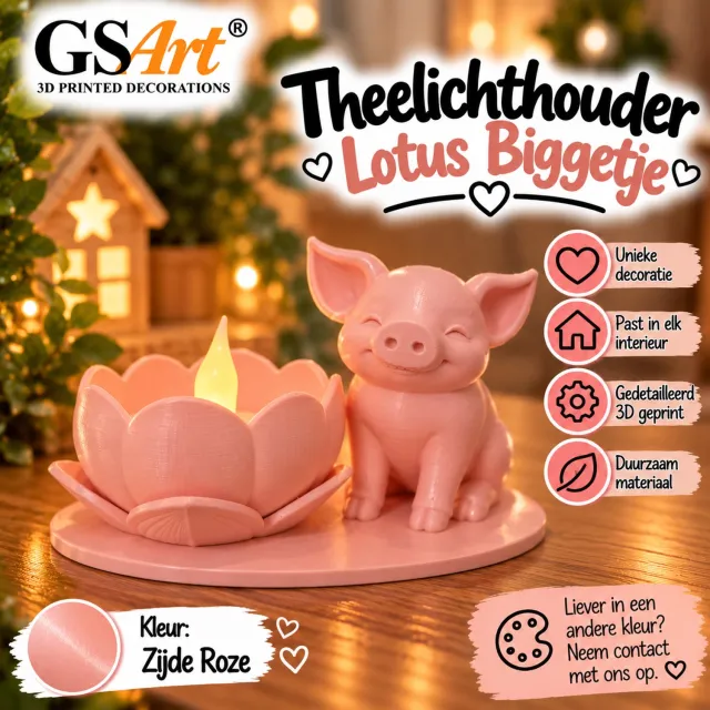 GSArt Theelichthouder Lotus Biggetje – Inclusief LED Theelichtje – 3D Geprint - Zijde Roze
