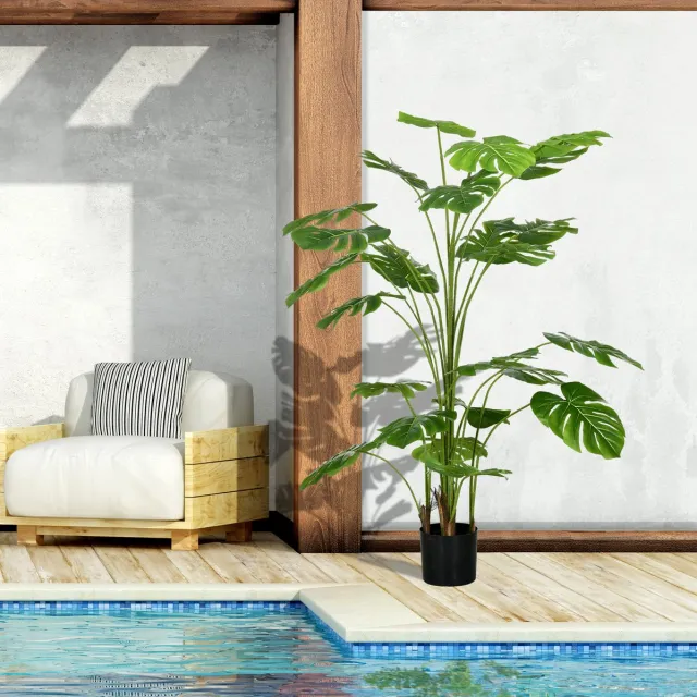 MEUNIQ Kunst Monstera Deliciosa 180 cm kunstplant met zwarte pot en kunstmos voor binnen en buiten, groen, realistische kamerplant