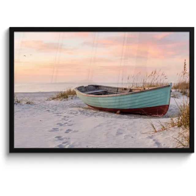 FrameYourWall Poster in lijst - Fotolijst 90x60 cm - Posters - Rustiek - Roeiboot - Zandstrand - Posterlijst zwart - Decoratie - Wanddecoratie woonkamer - Muurdecoratie slaapkamer