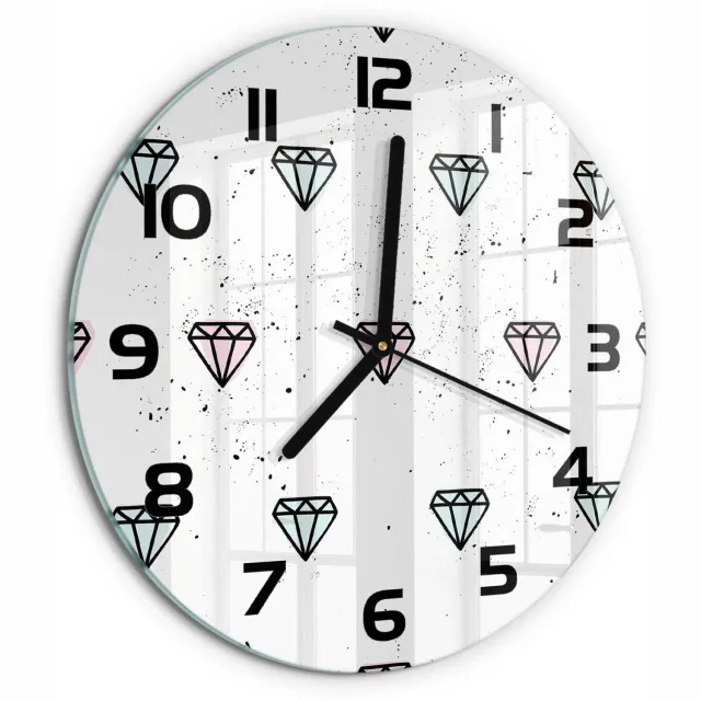 TULUP Wandklok - Diamanten Decoratieve Glazen Klok - fi30 cm - Veelkleurig Glazen Wandklok Design - Zwarte handen - Ronde Klok - Glazen Klok Met Print - Wandklok Glas Met Motief
