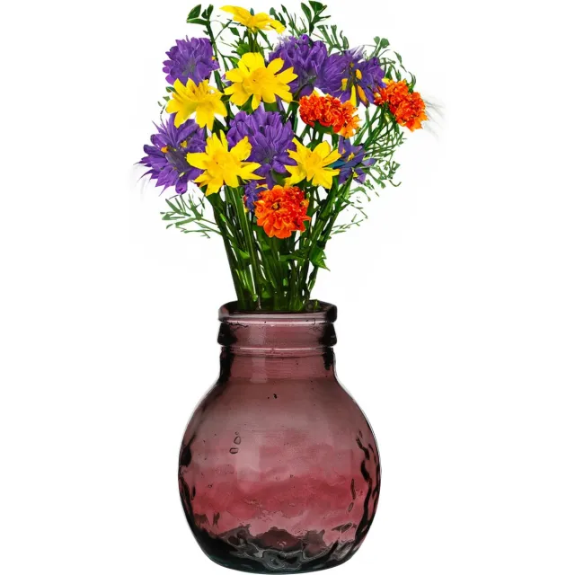 Natural Living Bloemenvaas Lourdes - donker roze transparant - gerecycled glas - 20 x 24 cm - Ronde bol vorm vazen Donkerroze