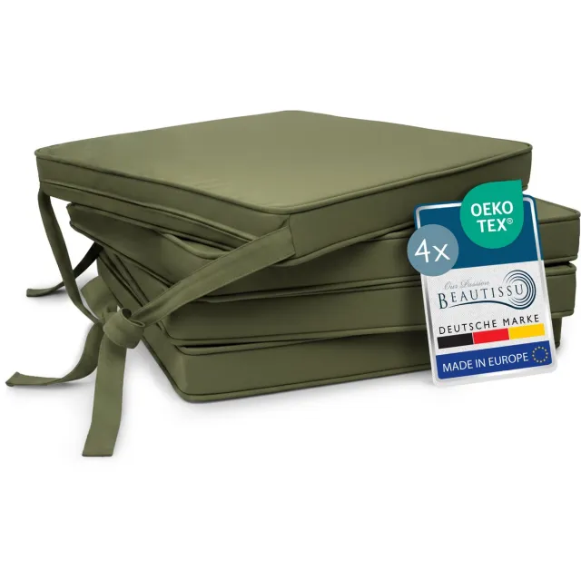 Beautissu Loft SK - Set van 4 Stoelkussens met Linten Zitkussen 45x40x5 cm - Zitkussens voor Stoelen Non-Slip met Afneembare Kussenhoes - Kussen Olivengroen Olivengroen 4x