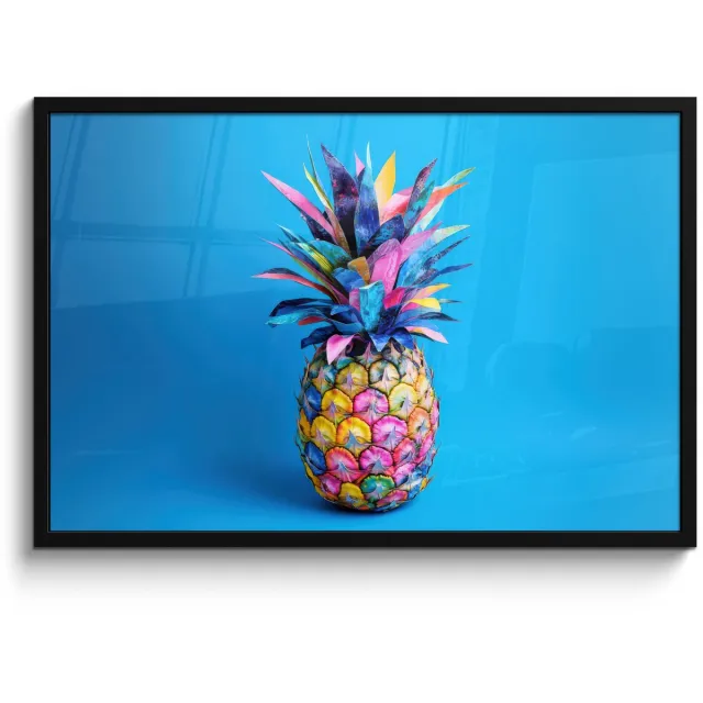 FrameYourWall Poster in lijst - Fotolijst 90x60 cm - Posters - Ananas - Blauw - Tropisch - Vrolijk - Posterlijst zwart - Decoratie - Wanddecoratie woonkamer - Muurdecoratie slaapkamer Ananas - Tropisch