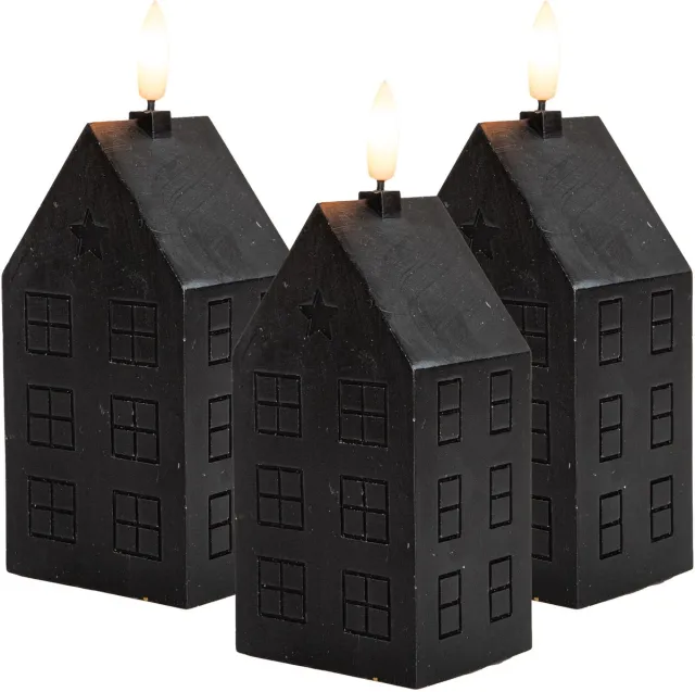 Anna's Collection LED kaars huisje - 3x - zwart - H15 cm - met timer - op batterijen
