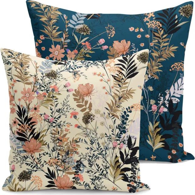 De Groen Home BLOEM Sierkussen Velvet set van 2 - 50x50 - Bloemen op Donkerblauw / Beige Crème - Aan beide zijdig bedrukt