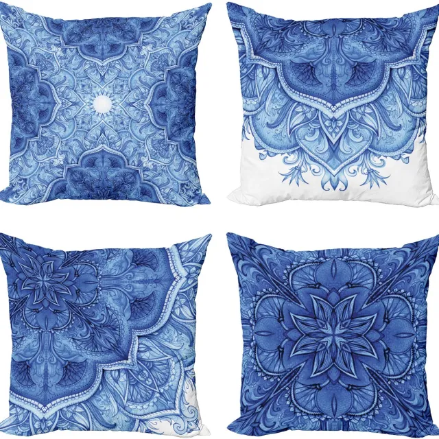 ABAKUHAUS Etnisch Sierkussen Kussenhoes 4 er Set, Mandala inspirierte Volkskunst, Modern Accent Dubbelzijdige Digitale Print, 60 x 60 cm, Blauw en Wit