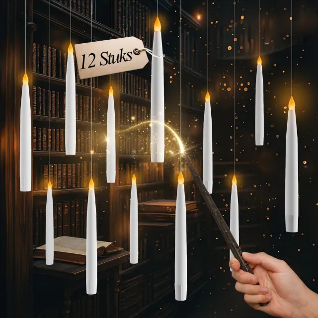 comforder 12 Zwevende LED Kaarsen met Flikkerende Vlam - Floating Candles - Toverstok Afstandsbediening Wit