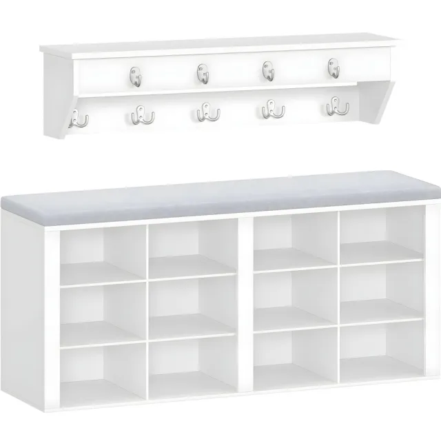 Happiq Kapstok met Bank – Voor Hal & Entree – Schoenbank met Zitgedeelte, Muurkapstok met 9 Haken – 30 x 104 x 49 cm – Wit/Grijs White + Gray