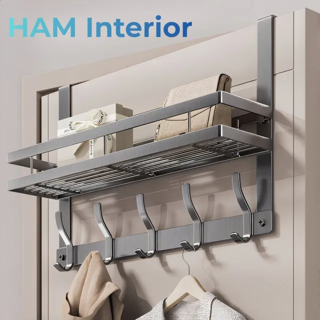 Ham services Deurhanger met Opbergrek - 3 Verschillende Maten - Large (6 Haken) - Eenvoudig te monteren – Stijlvolle deurorganizer met haken, ideaal voor slaapkamerdeuren, perfect voor het opbergen, stevig en gebruiksvriendelijk. Donkergrijs