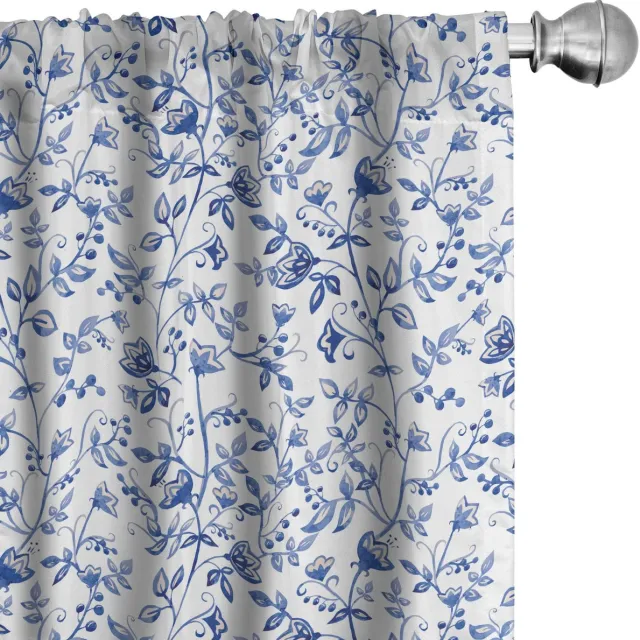 ABAKUHAUS Aquarell Gordijnen – 2x75x245 cm – blauw-witte bloemen – microvezel