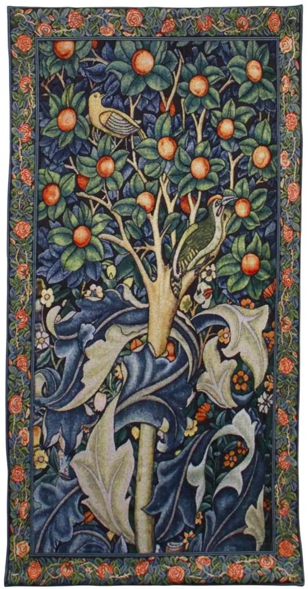 Signare Wandkleed - Gobelinstof - Tapestry - Woodpecker in fruit tree - Specht in Fruitboom - William Morris - 139 x 69 cm blauw