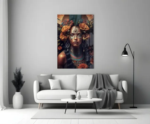 Insigne Art Glasschilderij – Artistiek Vrouwenportret met Bloemen – Bohemian Stijl – Moderne Wanddecoratie - 90 x 60 cm Kleurrijk