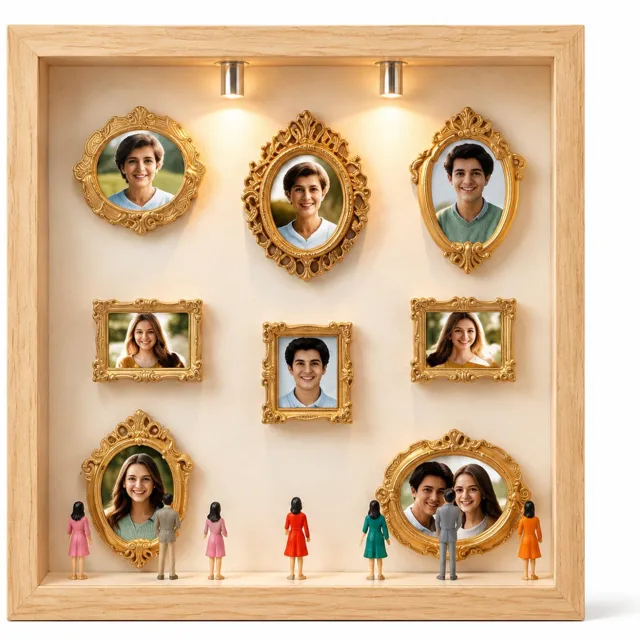 SWGOTA Zwarte MDF-displaylijst met binnenmaat 15 x 20 cm, inclusief 8 minilijstjes en 8 willekeurige figuurtjes, voor op een bureau of kast