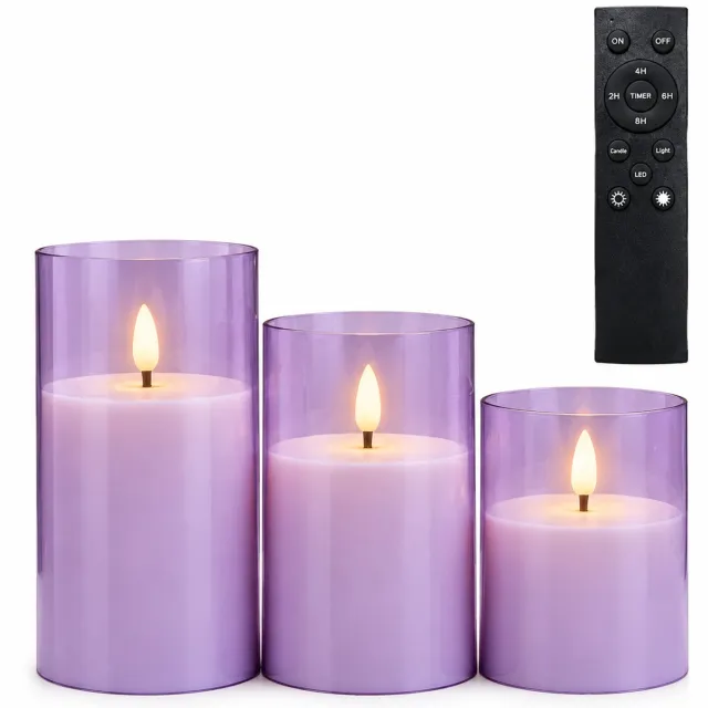 SWGOTA led kaarsen paars, 3 stuks in een doos, verschillende hoogtes, vlamvorm en grote afstandsbediening voor kerst- en bruiloftdecoratie