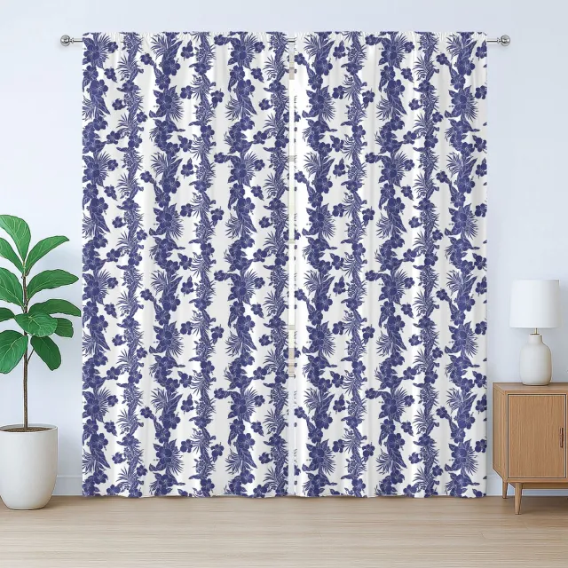 ABAKUHAUS Luau Rustiek Gordijn, Blauw en Wit Hibiscus, Slaapkamergordijn met Plooiing, Lussen en Haken, 280 x 175 cm, Nachtblauw en Wit