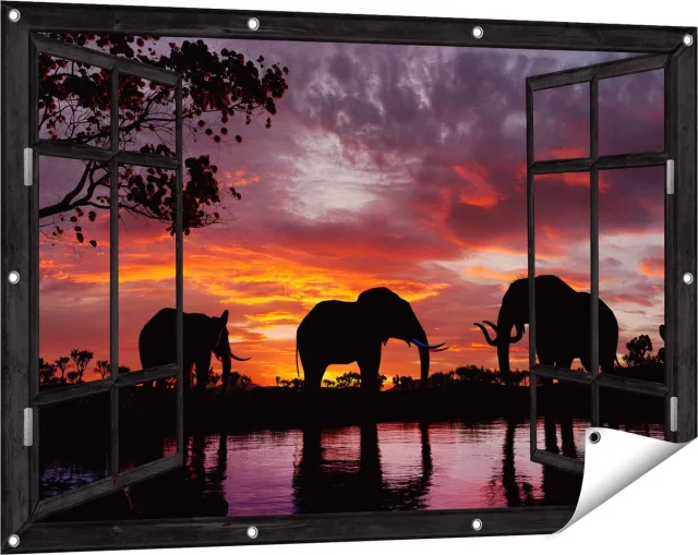 Gards Tuinposter Doorkijk Olifanten tijdens Zonsondergang - Silhouet - 120x80 cm - Tuindoek - Tuindecoratie - Wanddecoratie buiten - Tuinschilderij Zwart