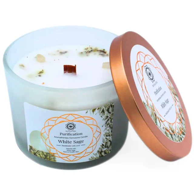 Green Tree Edelsteenkaars - Aromatherapie - Geurkaars - Purification - White Sage - met edelstenen - 256g Seleniet