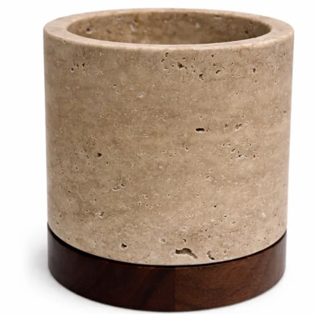 Mooisa Travertine kaarshouder L Ø9,5x9cm incl. hout plateau - MOOISA Travertine beige