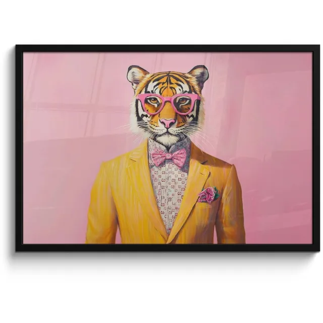 FrameYourWall Poster in lijst - Fotolijst 90x60 cm - Posters - Tijger - Bril - Geel - Jasje - Posterlijst zwart - Decoratie - Wanddecoratie woonkamer - Muurdecoratie slaapkamer