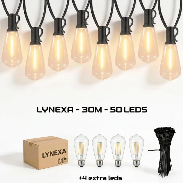 LYNEXA ST38 Lichtsnoer Buiten - 30m - 50 LED Warm Wit 2700K - Koppelbaar Lichtslinger - IP44 Waterdicht - EU Stekker - Energiezuinig - Sfeervolle Prikkabel Tuinverlichting - Kerstverlichting Buiten - 4 Extra Lampjes