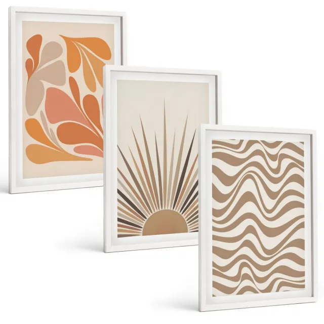 Coloray 3-Delige Schilderij Set - Zon Boho Pastel Abstracte Vormen - 40 x 60 - Stijlvolle Muurdecoratie - Slaapkamer Witte lijst