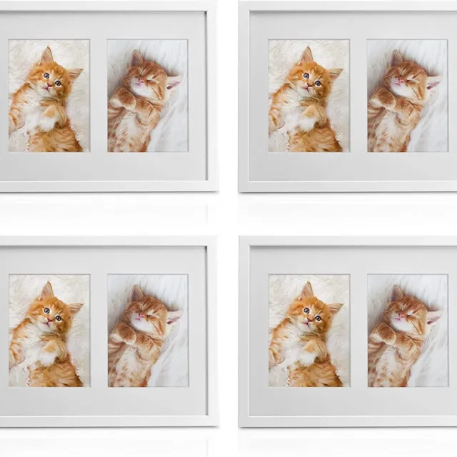 bomoe Galeria fotolijsten set van 4 - houten fotolijst met passepartout houten frame en plastic glas & metalen ophanging lijst voor foto's 4 x 2 foto's - wit