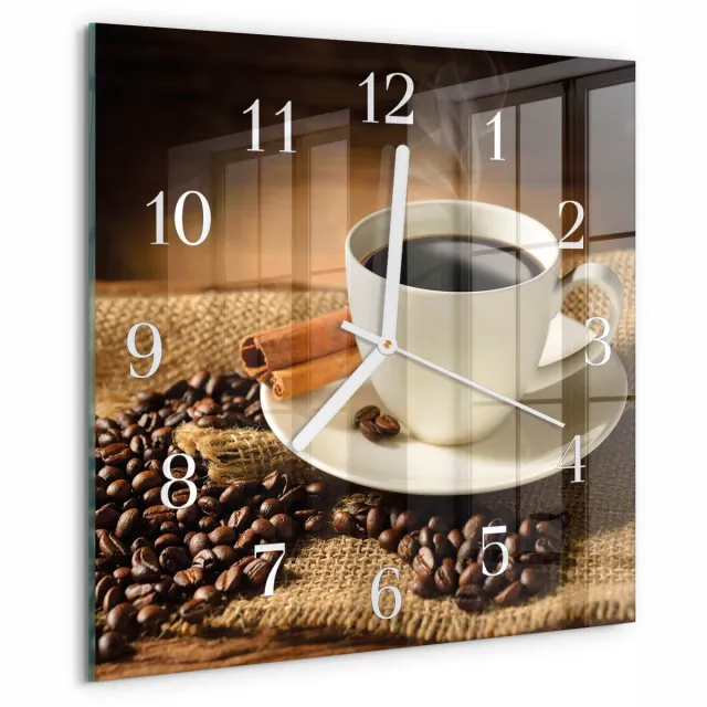 TULUP Wandklok - Koffie Moderne Glazen Wandklok - 30x30 cm - Bruin Wandklok Glas Met Motief - Witte Handen - Vierkante Wandklok - Decoratieve Glazen Klok - Glazen Wandklok Design Bruin - Koffie