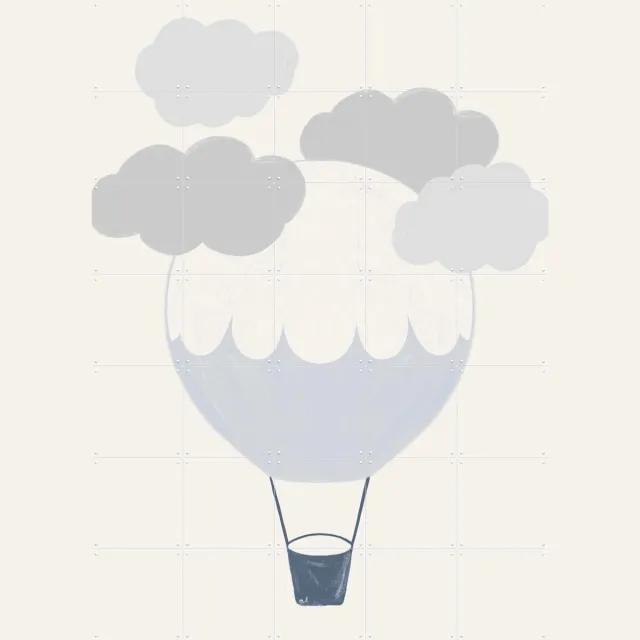 IXXI Hot Air Balloon, Menina Lisboa & Various - 100 x 140 cm - Grote wanddecoratie en posters - Minimalisme, Cartoonesk, Geometrische Kunst, Abstract Grijs / Wit / Blauw