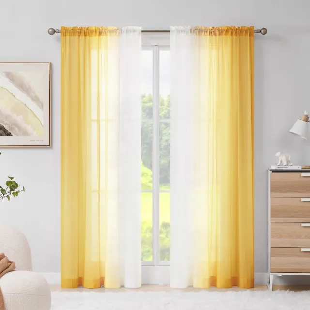 Ibenzoa Gele Ombre Semi-Transparante Gordijnen met Plooiband voor Woonkamer – Set van 2, 175x140cm geel wit
