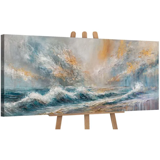 YS Canvas schilderij panoramisch 115x50 handgeschilderd zeeochtend maritiem zonsopgang – YS-Art Gallery – Rustgevende wanddecoratie voor woonkamer – Modern schilderij voor hal