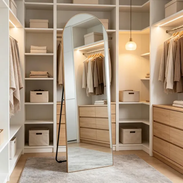 STILVORA Staande Spiegel – 150 x 50 cm – Goudkleurig Glas en MDF – Boogvormig – Voor Slaapkamer, Woonkamer en Kleedruimte