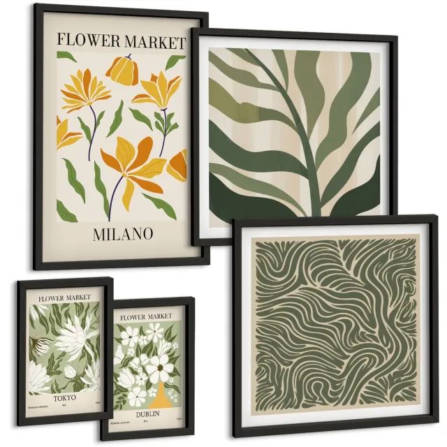 Coloray 5-Delige Schilderij Set - Plantaardige Bloemmotieven In Een Moderne En Minimalistische Stijl. - 50 x 50 cm, 20 x 30 cm En 40 x 60 cm - Stijlvolle Wanddecoratie - Interieur - Decoratieve Schilderijen Zwarte lijst
