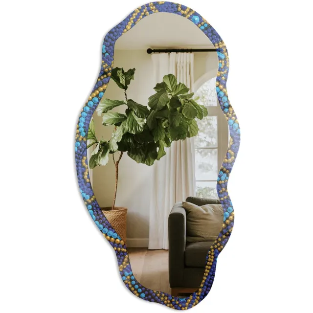 TULUP Bloemenmandala Spiegel - Blauw Rechthoekige Spiegel Met Modern Design - Organische Spiegel - Woonkamer - Abstract - 45x90 cm - Totale afmeting 52x97 cm Bloemenmandala, Blauw
