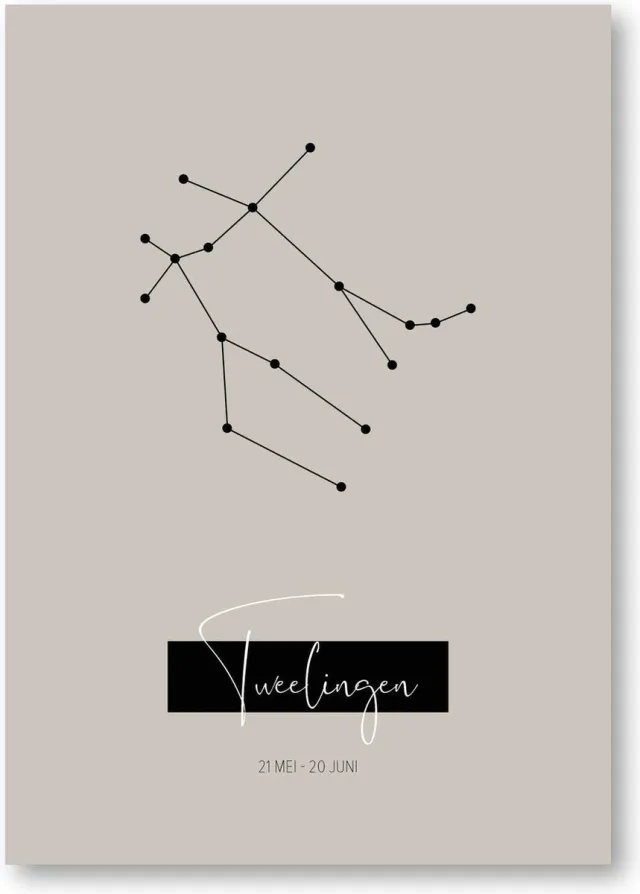 MOODZ design Sterrenbeeldposter Tweelingen | A3 formaat | warm grijs | naturel