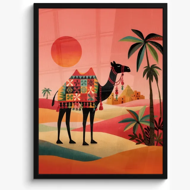FrameYourWall Poster in lijst - Fotolijst 50x70 cm - Posters - Kameel - Gekleurd tapijt - Duinen - Rode zon - Posterlijst zwart - Decoratie - Wanddecoratie woonkamer - Muurdecoratie slaapkamer Kameel - Duinen - Zon
